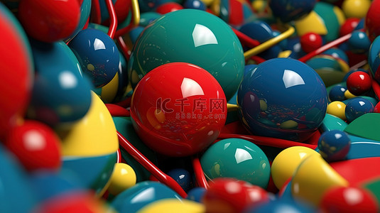 特写蓝绿色红色和黄色圆圈和球的抽象 3D 渲染