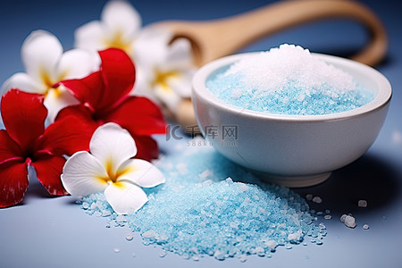 浴背景图片_水疗中心混合白色和蓝色的盐和红色的花朵