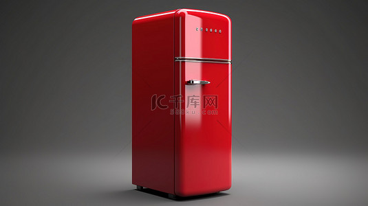 复古厨房环境中老式单色红色冰箱的 3D 渲染