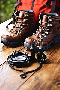 登山靴 双筒望远镜 棕色皮革徒步鞋