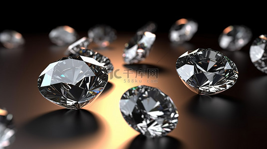 闪亮表面上的圆形钻石簇 3D 插图，带有微妙的模糊