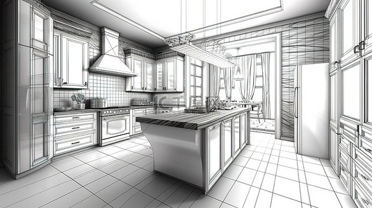 室内平面图背景图片_3D 渲染厨房房间与抽象草图设计