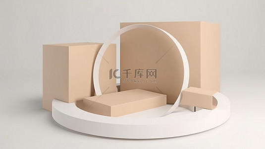 在线购物概念 3d 包裹纸板在白色圆圈上的渲染，用于模拟