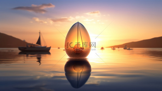 夕阳背景背景图片_3D 渲染的玻璃蛋，日落背景下有帆船和海鸥的轮廓