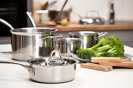 厨房锅具，配有两个平底锅和两碗食物