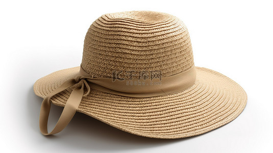 度假女插画背景图片_白色背景，在剪切路径上带有沙滩帽的 3D 渲染