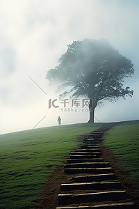 年轻人年轻人背景图片_一个年轻人走下山前的台阶，山上有一棵孤立的树