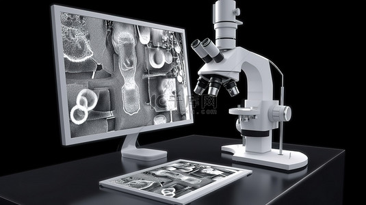 实验家背景图片_在 3d 渲染中利用带显示屏的显微镜的机械臂