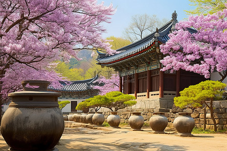 黄人笑脸背景图片_韩国传统建筑的前花园有黄树