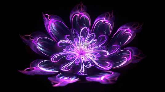 华丽的 4k 超高清 3D 插图，展示了黑色背景上带有辐射紫色灯光的迷人花形装饰品