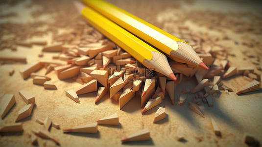 情亲蜡笔画背景图片_带有尖头和橡皮擦的黄色铅笔的真实 3D 渲染，可视化木制蜡笔画