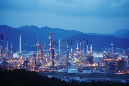 偏远山区背景图片_黄昏时分山区的一个大油田和炼油厂