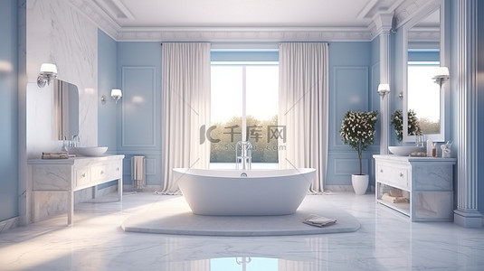 形象墙墙设计背景图片_豪华主浴室的 3D 插图，配有家具梳妆灯和宽敞的窗户