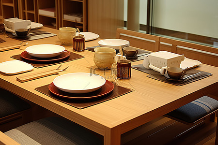 置物架木质小物件背景图片_带木质餐具和盘子的日式餐厅