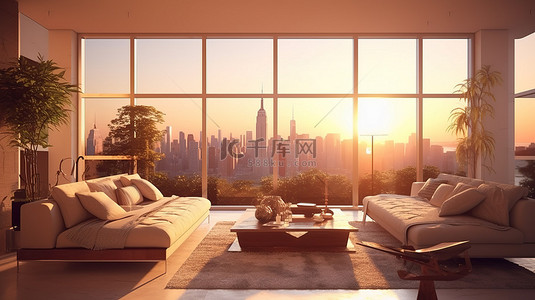 阳光明媚的公寓中时尚的现代客厅，可欣赏日落美景 3D 渲染插图