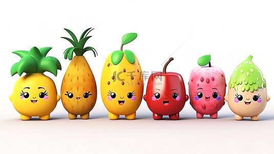 卡通草莓水果背景图片_可爱而快乐的 3D 卡通人物水果与白色背景上的卡哇伊氛围