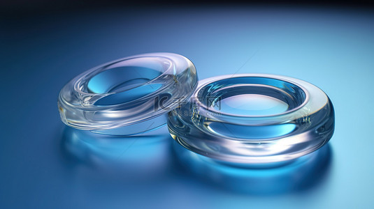 透明眼镜片背景图片_蓝色背景与 3d 渲染中的两个隐形眼镜