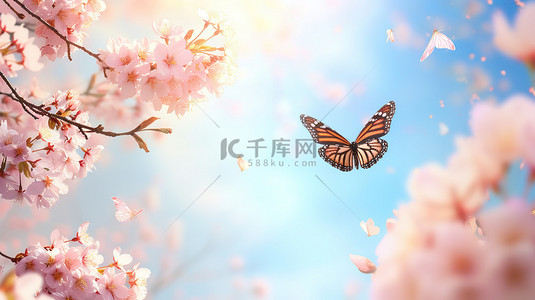 粉红色樱花和飞翔的蝴蝶设计图
