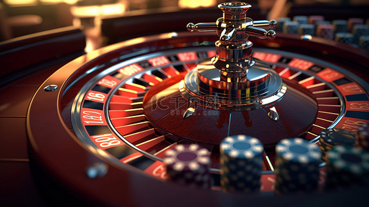 3d 插图中的动态扑克筹码和轮盘，背景是具有充足复制空间的赌场代币