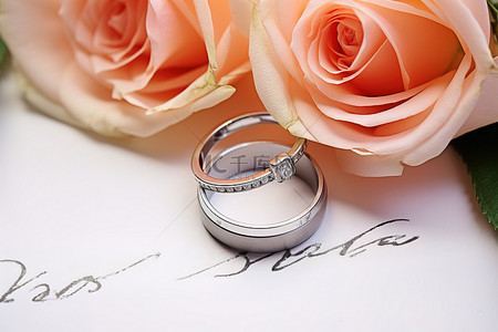 玫瑰礼物背景图片_银戒指和玫瑰写在一张带戒指的纸上