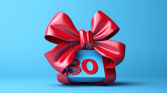 孤立蓝色背景上带蝴蝶结和丝带的红色井喷销售的 3D 设计渲染