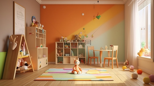 整理资料背景图片_家庭或托儿所环境中儿童房间的 3D 渲染