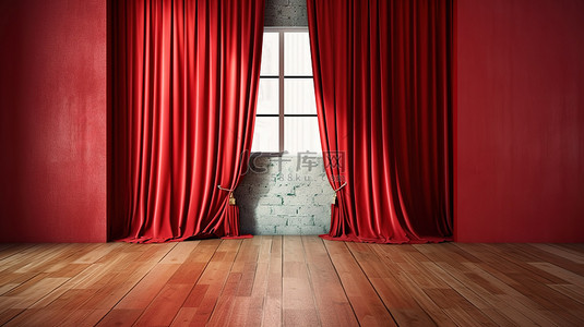 老旧的照片背景图片_带木地板和红色窗帘的照相亭的 3D 渲染