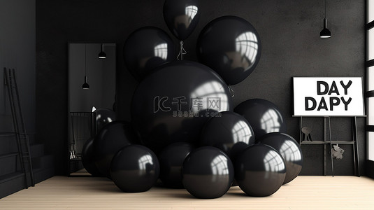 电子商务或在线购物通过 3D 呈现的黑色星期五气球展示变得节日化