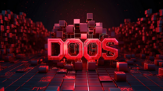 数字景观 3D 呈现 DDoS 攻击概念的红色铭文