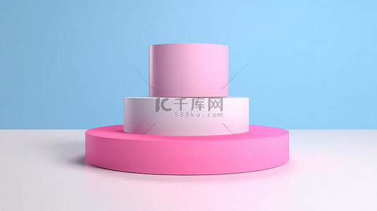 广告展示粉红色和蓝色 3D 渲染讲台与白色背景