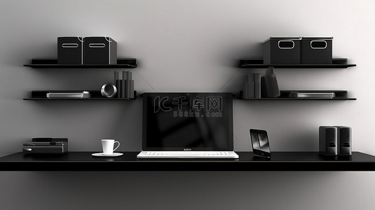 黑色背景互联网背景图片_墙上架子横幅上黑色电脑的 3D 插图