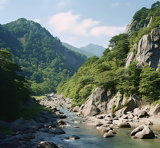 一条河流流经一座有巨大岩石的落基山