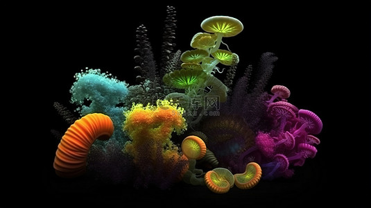 黑色背景 3D 渲染上的寄生蠕虫群