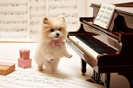 五一钢琴背景图片_一只狗在钢琴旁边行走并演奏音乐