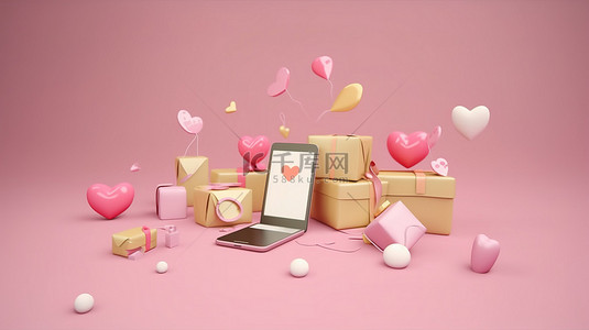 在 3D 渲染的智能手机上用爱表情符号和礼物进行衷心的聊天