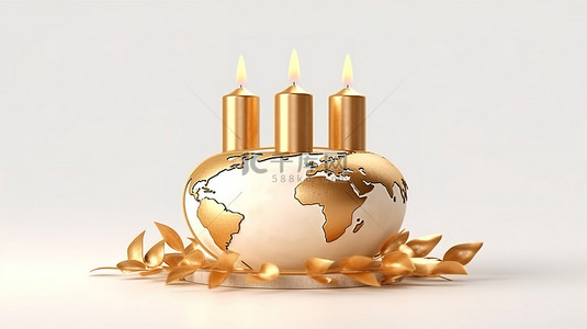 3D 渲染白色背景金色分层卡通蛋糕，装饰着蜡烛月桂花环和地球仪