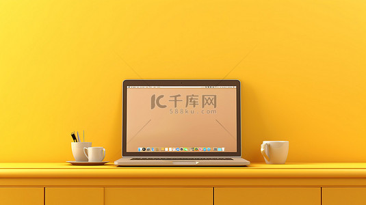 开发办公室背景图片_亮黄色办公室背景横幅上笔记本电脑的 3D 插图