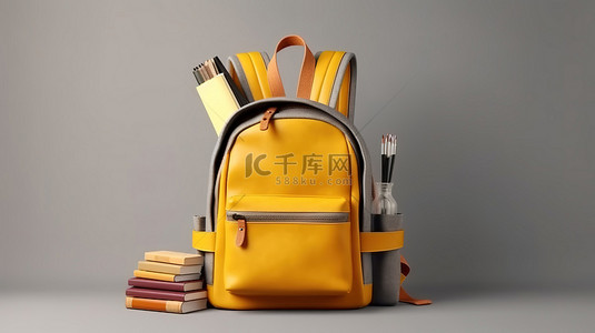 黄色背包，配有灰色牛仔裤书苹果和铅笔，非常适合回到学校 3D 渲染