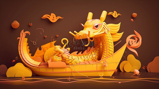 龙爪卡通背景图片_端午节水上龙舟黄色的龙