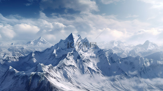 雄伟的山脉与白雪皑皑的山峰在云和天空的背景下的 3D 插图