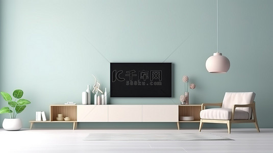 令人耳目一新的现代客厅设计令人惊叹的薄荷色 mart 电视样机概念以白色风格 3D 渲染