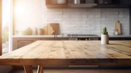 厨房背景的 3d 渲染模糊空木桌