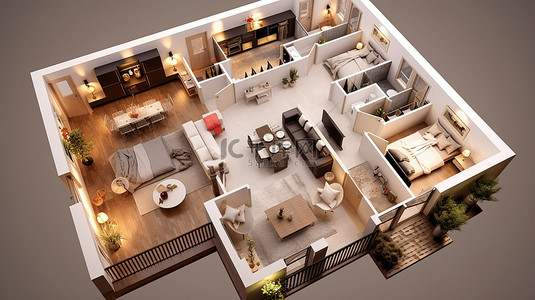 您理想的公寓或房屋的 3D 渲染平面图