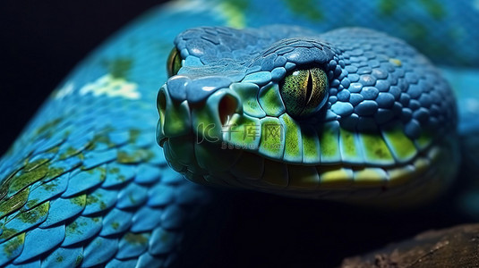 眼睛特写背景图片_3d 蓝色毒蛇 Trimeresurus insularis 蛇的极端特写