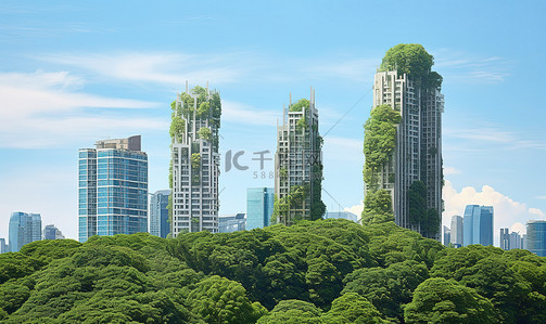 江中背景图片_天空和树木中的两座高层建筑