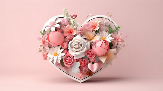 情人节横幅 3D 渲染心形盒子里的花朵，带蝴蝶结