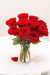 白色桌布背景图片_白色桌布上花瓶里的红玫瑰