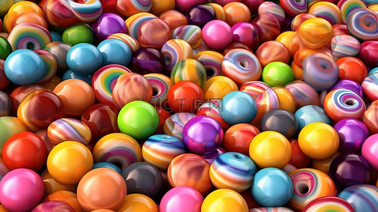 3D 插图中充满活力的彩虹糖果作为特写背景
