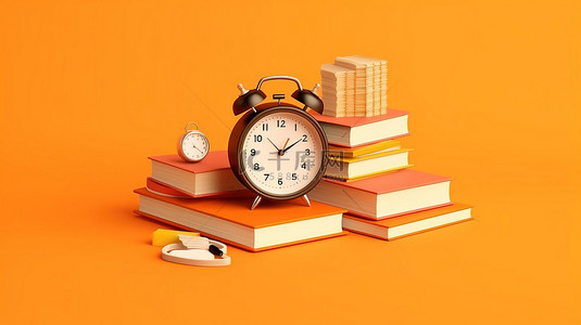 橙色英语背景图片_回到学校等距设计，以橙色背景教育概念的书钟为特色