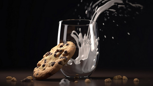 3d 描绘了一块美味的葡萄干镶嵌饼干层叠成一杯牛奶